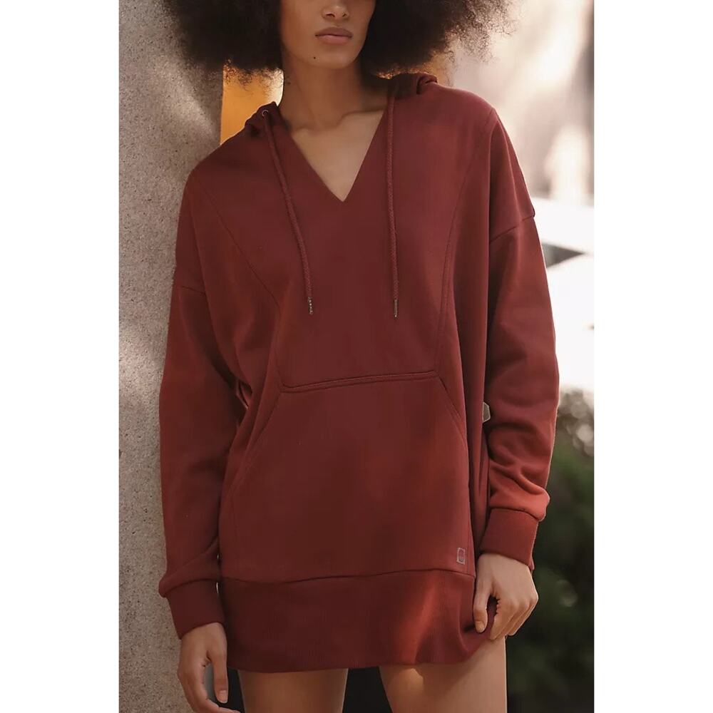 Daily Practice V-Neck Hoodie Sweatshirt Dress Oversized Tunic Rust Red Women's M